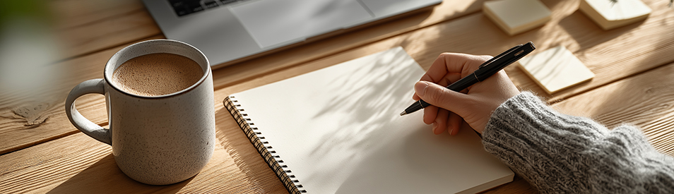 Warm desk scene with ceramic coffee mug open blank notebook ha - Lisa D. Foster, Leadership Coaching & Training Open notebook with a poised pen symbolizing reflection and setting leadership coaching goals.