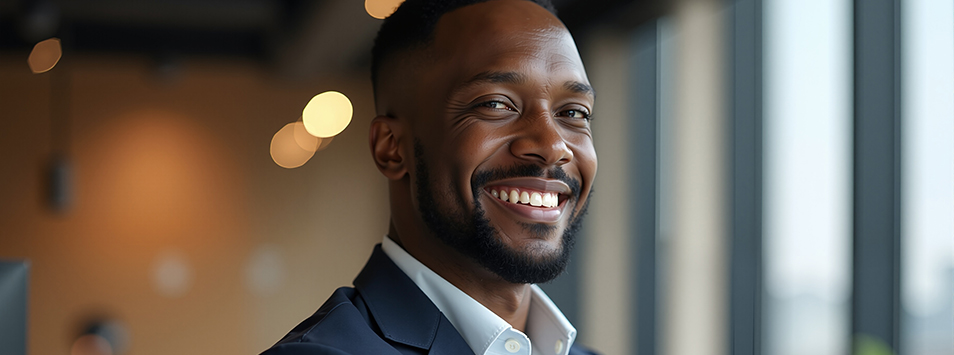 Happy success and portrait of black man startup ceo proud con - Lisa D. Foster, Leadership Coaching & Training diverse businessman thinking about executive coaching vs leadership coaching