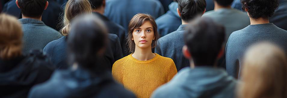 A calm, confident person standing clearly in focus while a crowd around them fades into blur — symbolizing how secure attachment builds inner confidence.