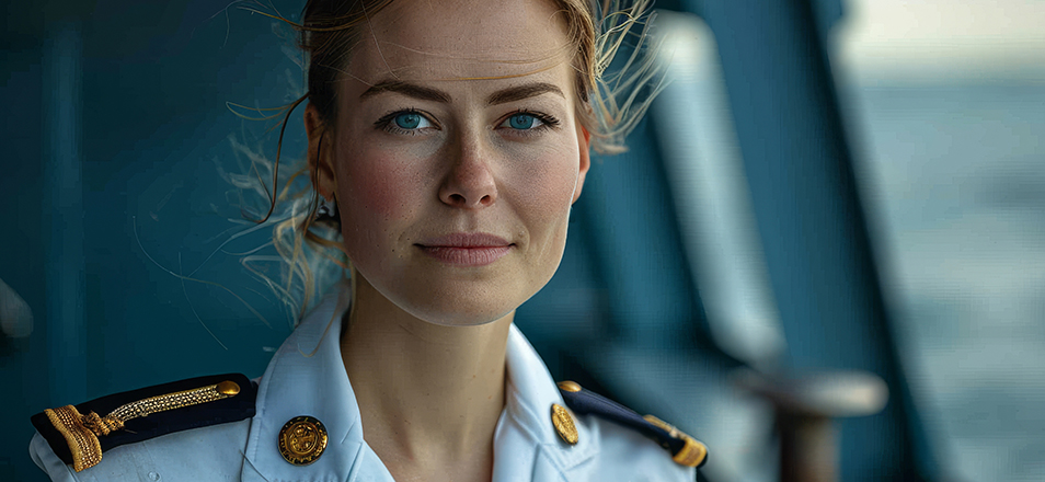 Confident leader in naval uniform standing at attention, embodying calm, steady leadership presence.