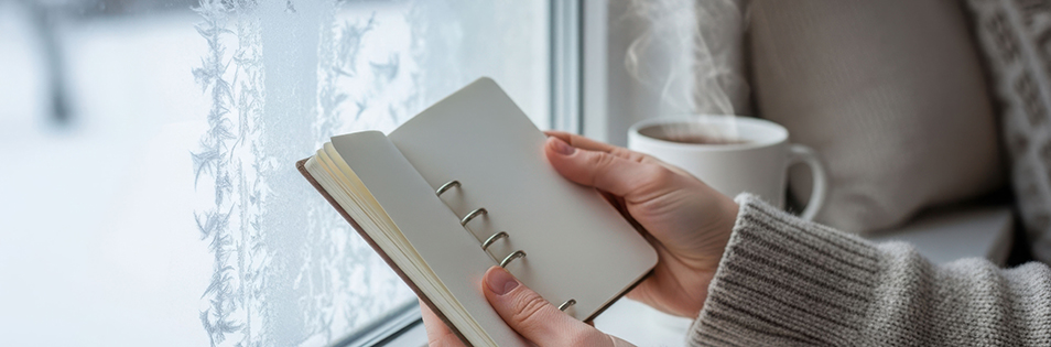 Person journaling beside a winter window, reflecting on personal leadership values.
