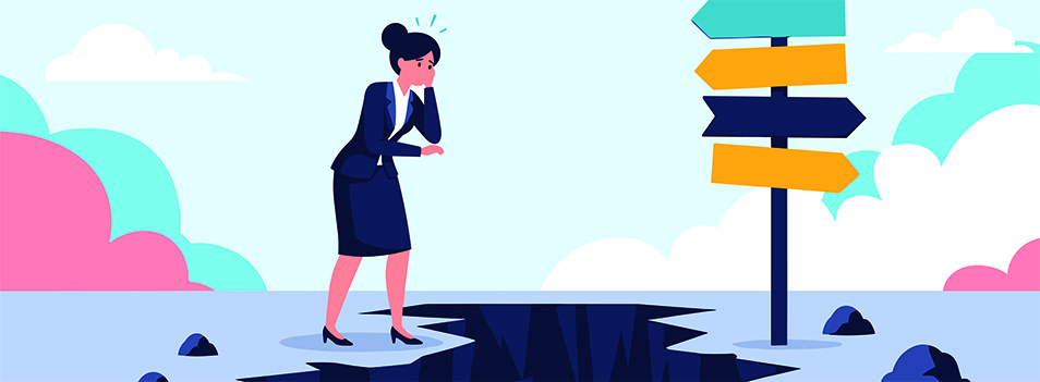 woman looking at a gap as an image of hidden career costs of leadership