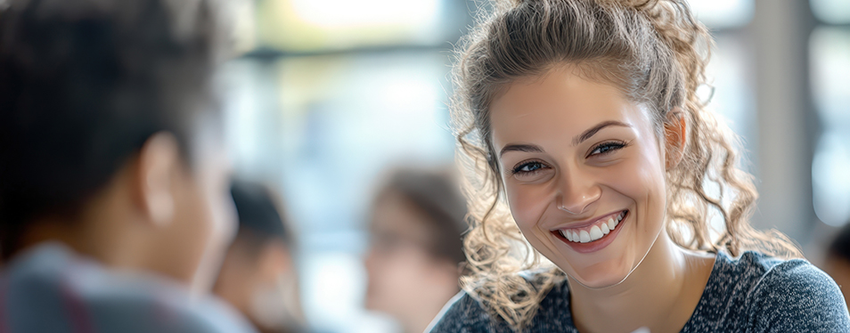 happy woman at work responding to a coaching leadership approach