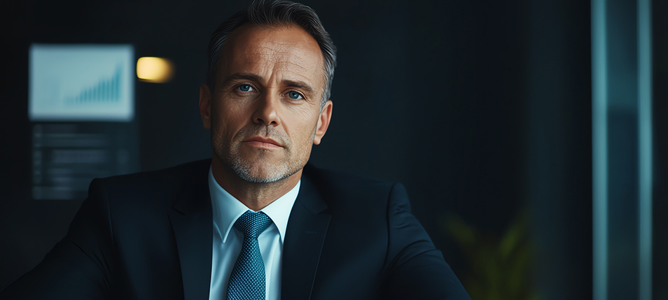 An executive at a serious moment demonstrating leadership confidence