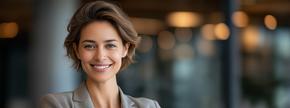 Professional woman smiling as an image of confidence in leadership
