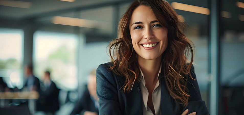 Smiling businesswoman in a dark blazer in a modern office setting.