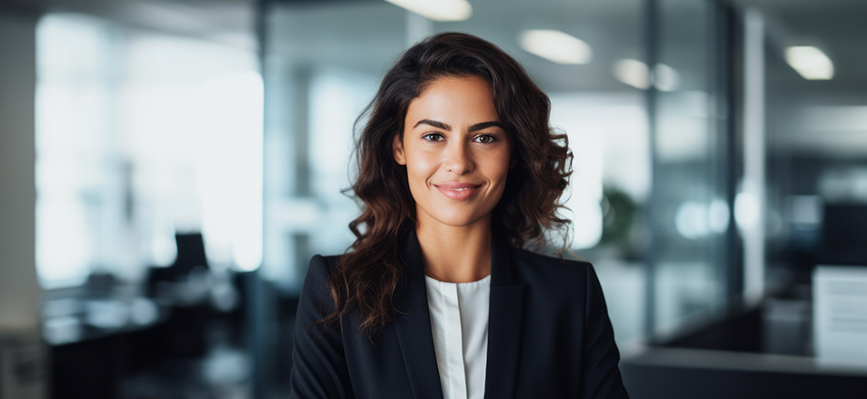 Portrait representing Carrie, a finance executive managing a career transition